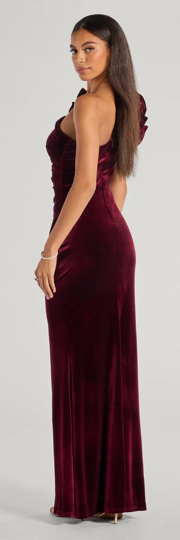 Make a statement in the Freida Velvet Ruffled One-Shoulder Formal Dress in wine, a bold red prom dress designed to exude confidence, elegance, and a striking prom-night look.