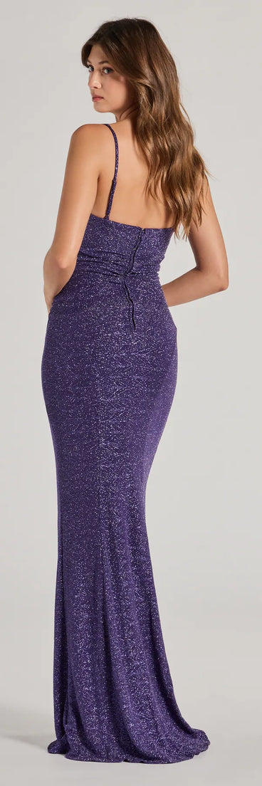 Step into Prom 2025 in a purple prom dress, where unique Windsor accents and the standout Analeah High-Slit Glitter Mermaid Dress style come together.