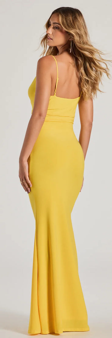Feel instantly put-together in the Lilliana Cowl Neck Knit Mermaid Dress in yellow, a fall wedding guest dress designed for confident style and all-out celebration.