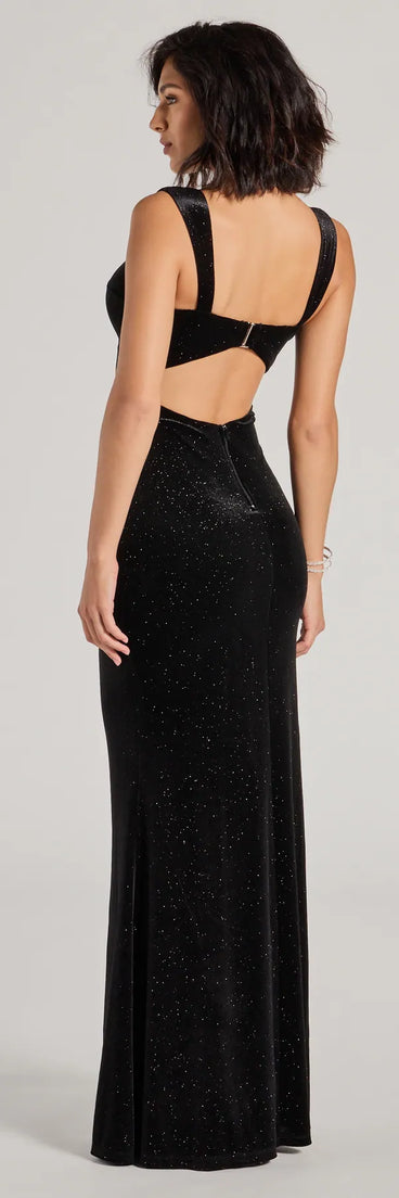 Celebrate in style with the Veronica Glitter Velvet Mermaid Dress, a black formal wedding guest dress featuring an elegant silhouette and luxe details, perfect for a black-tie celebration.