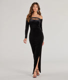 Turn heads at Prom 2025 in this black prom dress, where statement-making details meet the iconic style of the Rosalyn Velvet Off-The Shoulder Long Sleeve Formal Dress .