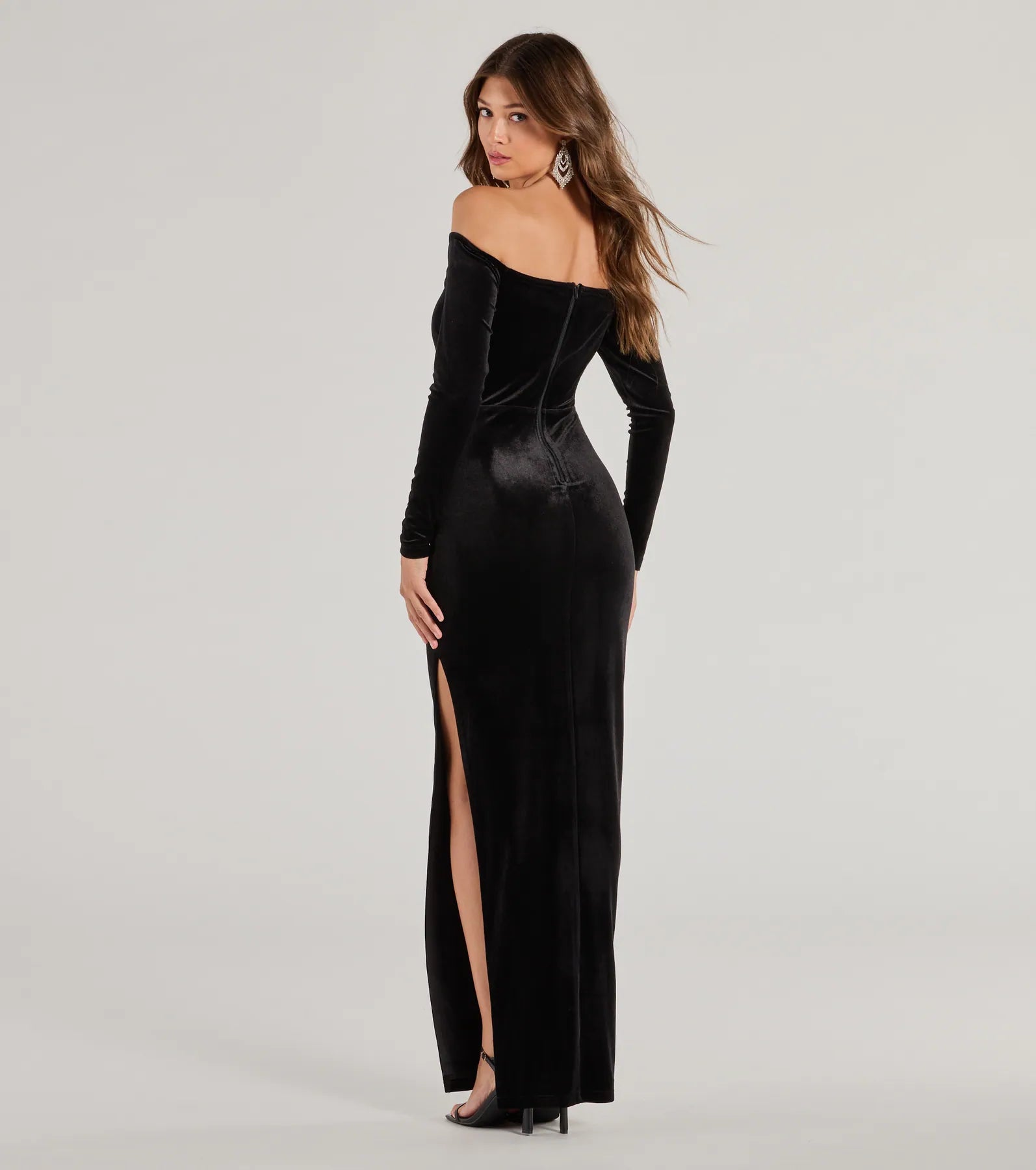 Rosalyn Velvet Off-The Shoulder Long Sleeve Column Dress | Windsor