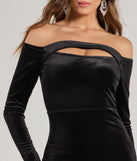 Make a bold statement in the Rosalyn Velvet Off-The Shoulder Long Sleeve Column Dress in black, the perfect spring dress for weddings, cocktail hours, nights out, and/or seasonal celebrations.