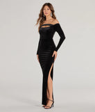 Whether it's the color or silhouette of the Rosalyn Velvet Off-The Shoulder Long Sleeve Formal Dress, this black bridesmaid dress is a gorgeous pick for a maid-of-honor or to create a bridal party look ready to celebrate!