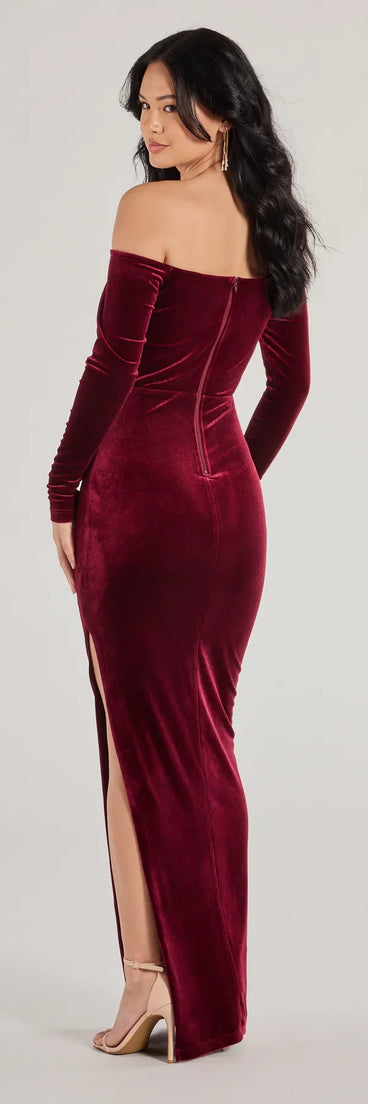 Rosalyn Velvet Off-The Shoulder Long Sleeve Formal Dress in wine, a stylish red dress with a flattering fit and fabric that adds allure to your look, perfect for wedding guest attire, cocktail events, or making a bold statement on a date night.