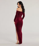 Rosalyn Velvet Off-The Shoulder Long Sleeve Formal Dress in wine, a stylish red dress with a flattering fit and fabric that adds allure to your look, perfect for wedding guest attire, cocktail events, or making a bold statement on a date night.