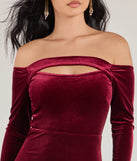 Make a bold statement in the Rosalyn Velvet Off-The Shoulder Long Sleeve Column Dress in wine, the perfect spring dress for weddings, cocktail hours, nights out, and/or seasonal celebrations.