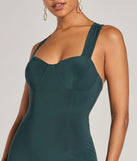 The Marleigh Lace-Up High Slit Formal Dress is an elegant hunter green formal dress in a rich seasonal color and with unique design accents that make dressing up for graduation photoshoots, military balls, or Prom 2025 effortless!