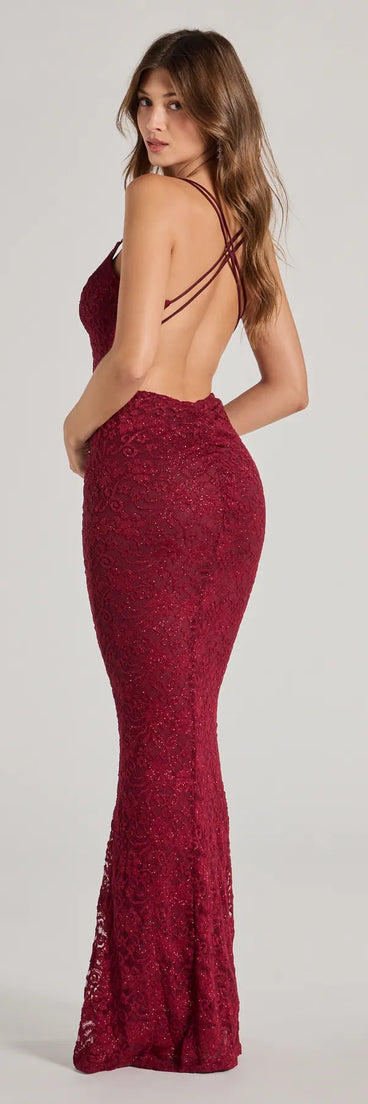 Briella Glitter Lace Cross-Back Mermaid Dress in wine, a stylish red dress with a flattering fit and fabric that adds allure to your look, perfect for wedding guest attire, cocktail events, or making a bold statement on a date night.