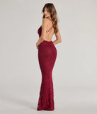 Briella Glitter Lace Cross-Back Mermaid Dress in wine, a stylish red dress with a flattering fit and fabric that adds allure to your look, perfect for wedding guest attire, cocktail events, or making a bold statement on a date night.