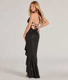 The Eva Lace-Up High-Low Ruffle Mermaid Formal Dress is a show-stopping black prom dress, offering a sleek, slimming silhouette that enhances your natural beauty for an unforgettable night.