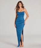 Turn heads at Prom 2025 in this teal prom dress, where statement-making details meet the iconic style of the Eleanor Lace-Up Slit Slim Glitter Formal Dress .