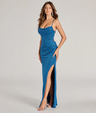 Whether it's the color or silhouette of the Eleanor Lace-Up Slit Slim Glitter Formal Dress, this teal bridesmaid dress is a gorgeous pick for a maid-of-honor or to create a bridal party look ready to celebrate!