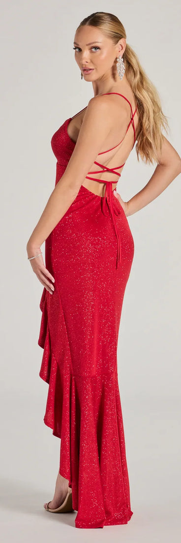 Eva Lace-Up High-Low Ruffle Mermaid Formal Dress in red, a stylish red dress with a flattering fit and fabric that adds allure to your look, perfect for wedding guest attire, cocktail events, or making a bold statement on a date night.