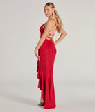 Eva Lace-Up High-Low Ruffle Mermaid Formal Dress in red, a stylish red dress with a flattering fit and fabric that adds allure to your look, perfect for wedding guest attire, cocktail events, or making a bold statement on a date night.