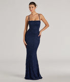 Turn heads at Prom 2025 in this navy blue prom dress, where statement-making details meet the iconic style of the Esme Glitter Lace Strappy Back Mermaid Dress .