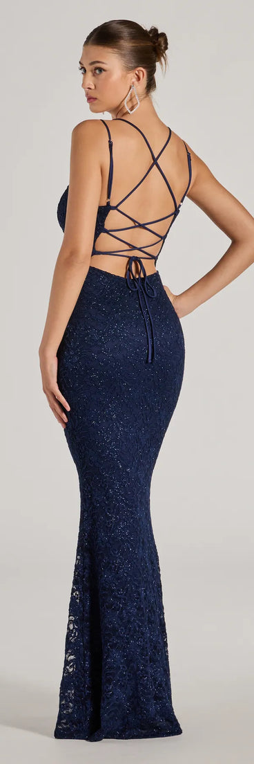 Revamp your 2025 wardrobe with this chic addition, the Esme Glitter Lace Strappy Back Mermaid Dress in navy, perfect for elevating your style in the new year.