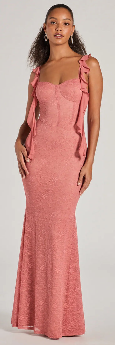 Make the big day unforgettable with the Alanna Ruffled Lace Corset Mermaid Dress, a gorgeous rose bridesmaid dress that balances elegance and affordability.