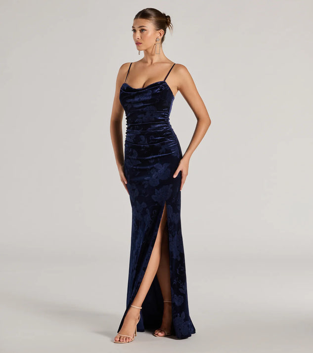blue velvet sleeveless dress Long Velvet Formal Dress with V-Neck