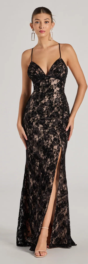 Revamp your 2025 wardrobe with this chic addition, the Mckenna Velvet Flocked Lace Mermaid Dress in black, perfect for elevating your style in the new year.