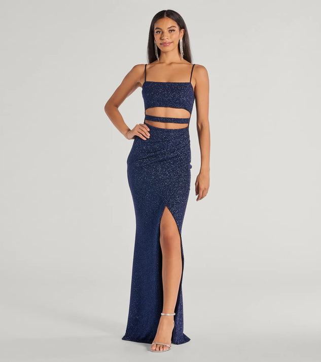 Feel instantly put-together in the Candice Cutout Strappy Mermaid Glitter Formal Dress in navy blue, a summer wedding guest dress designed for confident style and all-out celebration.