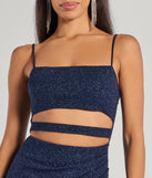 Own the spotlight in the Candice Cutout Strappy Mermaid Glitter Formal Dress, a navy blue formal dress crafted to deliver luxe style for summer weddings, Army Balls, or any special event.