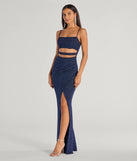 Step into Prom 2025 in a navy blue prom dress, where unique Windsor accents and the standout Candice Cutout Strappy Mermaid Glitter Formal Dress style come together.