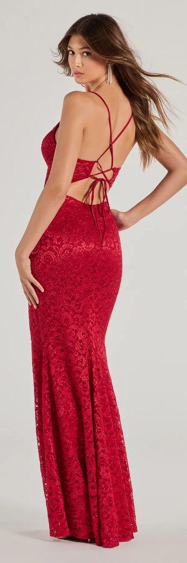 Teresa Lace Up Corset Mermaid Lace Formal Dress in red, a stylish red dress with a flattering fit and fabric that adds allure to your look, perfect for wedding guest attire, cocktail events, or making a bold statement on a date night.