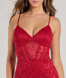 Make a bold statement in the Teresa Lace-Up Corset Mermaid Lace Formal Dress in red, the perfect spring dress for weddings, cocktail hours, nights out, and/or seasonal celebrations.