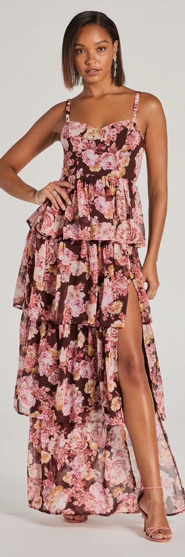 Turn heads at Prom 2025 in this brown prom dress, where statement-making details meet the iconic style of the Beyond Precious V-Neck Ruffle Babydoll Dress .