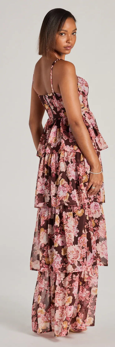 The Beyond Precious V-Neck Ruffle Babydoll Dress is a stylish brown floral dress featuring a fresh seasonal print and flattering design, perfect for garden parties, bridal showers, graduation photoshoots, or everyday summer styling.