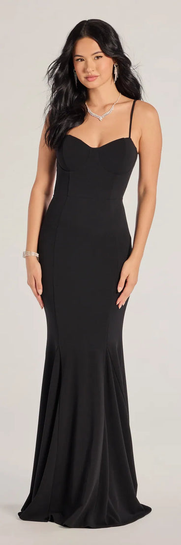 Turn heads at Prom 2025 in this black prom dress, where statement-making details meet the iconic style of the Emmaline Lace Trim Cutout Crepe Mermaid Dress .