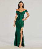 The Steff Off-The-Shoulder Mermaid Slit Formal Dress in luxe hunter green fabric, a stunning prom dress with statement details designed to make a bold impression at Prom 2025.