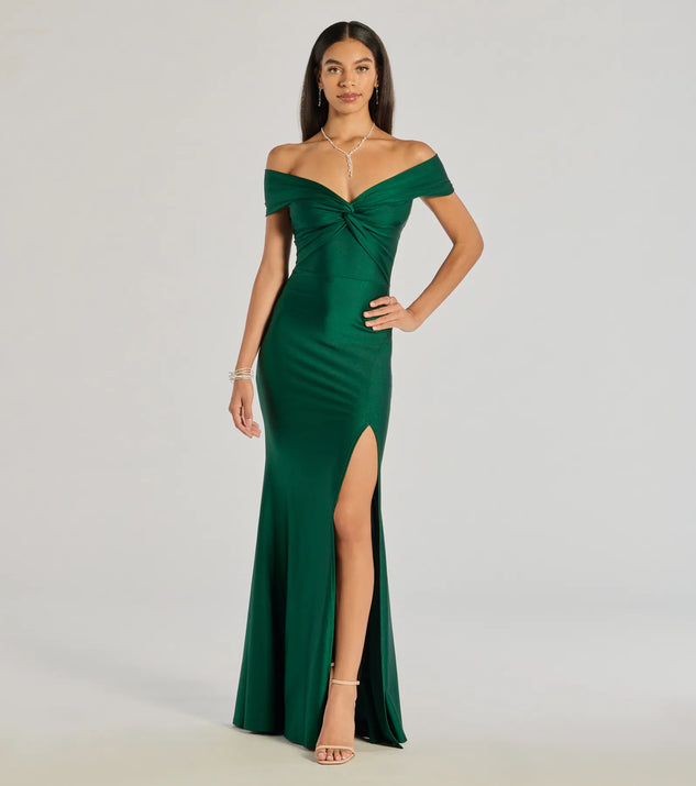 The Steff Off-The-Shoulder Mermaid Slit Formal Dress in luxe hunter green fabric, a stunning prom dress with statement details designed to make a bold impression at Prom 2025.