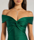 The Steff Off-The-Shoulder Mermaid Slit Formal Dress in luxe hunter green fabric, a stunning prom dress with statement details designed to make a bold impression at Prom 2025.