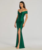 The Steff Off-The-Shoulder Mermaid Slit Formal Dress in luxe hunter green fabric, a stunning prom dress with statement details designed to make a bold impression at Prom 2025.