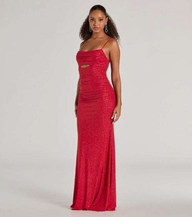 Step into Prom 2025 in a red prom dress, where unique Windsor accents and the standout Harley Sleeveless Cutout Bodycon Glitter Formal Dress style come together.