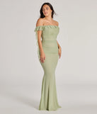 The Deyna Formal Mesh Off-The-Shoulder Long Dress in sage is a stunning green prom dress designed to capture attention with its fresh or bold color and effortlessly stylish silhouette.