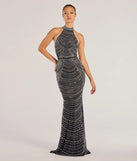 The Sloane Rhinestone And Faux Pearl Mermaid Dress in luxe black fabric, a stunning prom dress with statement details designed to make a bold impression at Prom 2025.