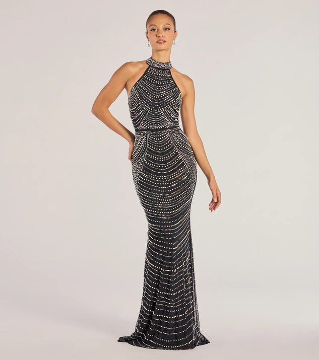 The Sloane Rhinestone And Faux Pearl Mermaid Dress in luxe black fabric, a stunning prom dress with statement details designed to make a bold impression at Prom 2025.