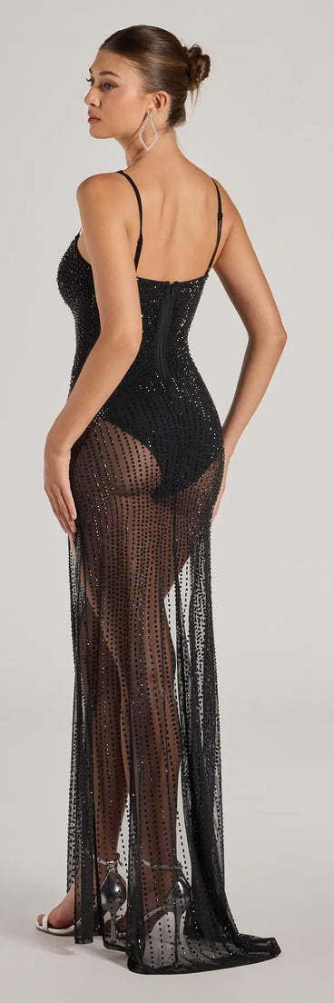rhinestone sheer mesh dress POP OUT RHINESTONE MESH MAXI DRESS WITH PEARLS