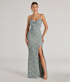 Turn heads at Prom 2025 in this sage green prom dress, where statement-making details meet the iconic style of the Romina Lace Cowl Neck High Slit Mermaid Dress .