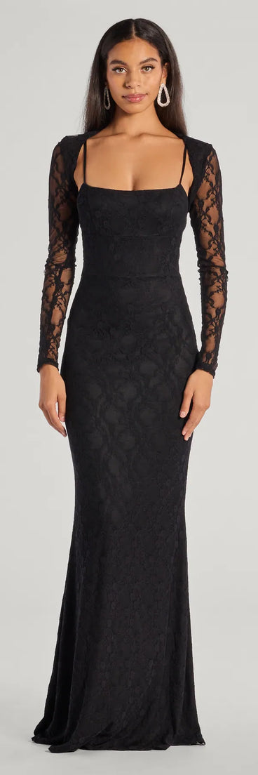 Turn heads at Prom 2025 in this black prom dress, where statement-making details meet the iconic style of the Adele Sleeveless Lace Mermaid Dress With Bolero .