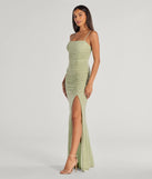 Step into Prom 2025 in a sage green prom dress, where unique Windsor accents and the standout Annika Pearl And Rhinestone Ruched Mesh Mermaid Dress style come together.