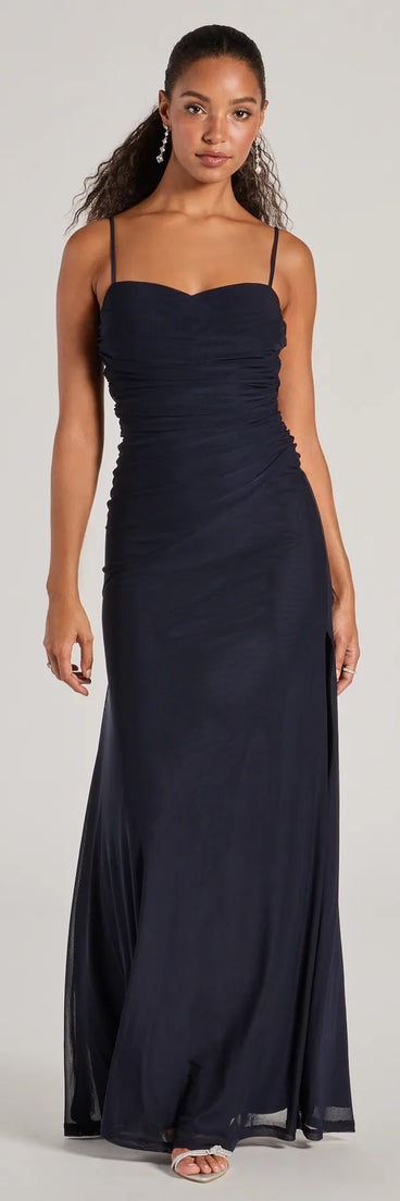 Turn heads at Prom 2025 in this navy blue prom dress, where statement-making details meet the iconic style of the Samira Mesh High Slit A-Line Formal Dress .