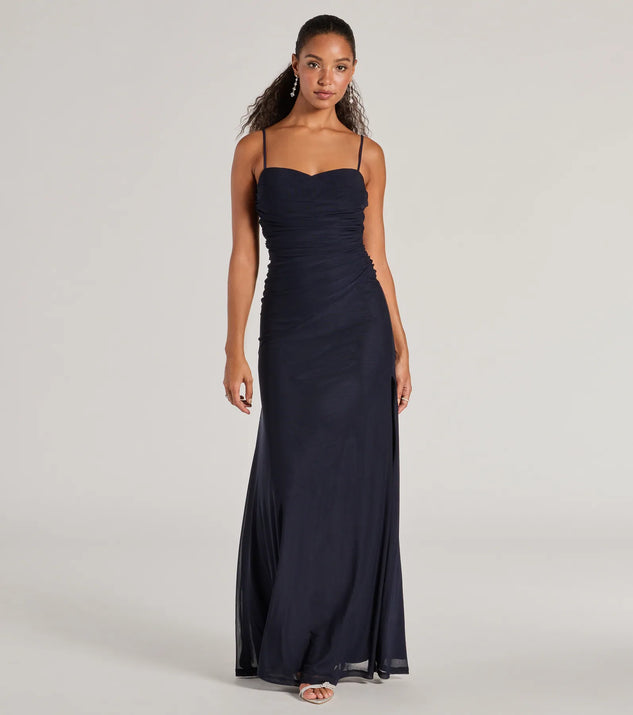 Turn heads at Prom 2025 in this navy blue prom dress, where statement-making details meet the iconic style of the Samira Mesh High Slit A-Line Formal Dress .