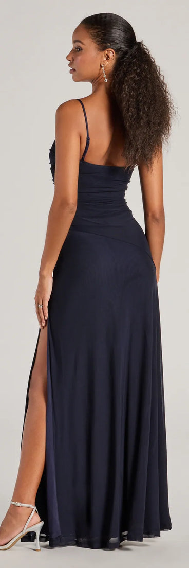 Revamp your 2025 wardrobe with this chic addition, the Samira Mesh High Slit A-Line Formal Dress in navy, perfect for elevating your style in the new year.