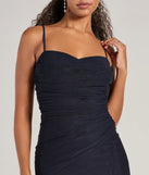 Make a bold statement in the Samira Mesh High Slit A-Line Formal Dress in navy blue, the perfect spring dress for weddings, cocktail hours, nights out, and/or seasonal celebrations.
