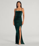 Turn heads at Prom 2025 in this hunter green prom dress, where statement-making details meet the iconic style of the Alondra Ruched Velvet Front Slit Mermaid Dress .