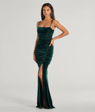 Step into Prom 2025 in a hunter green prom dress, where unique Windsor accents and the standout Alondra Ruched Velvet Front Slit Mermaid Dress style come together.